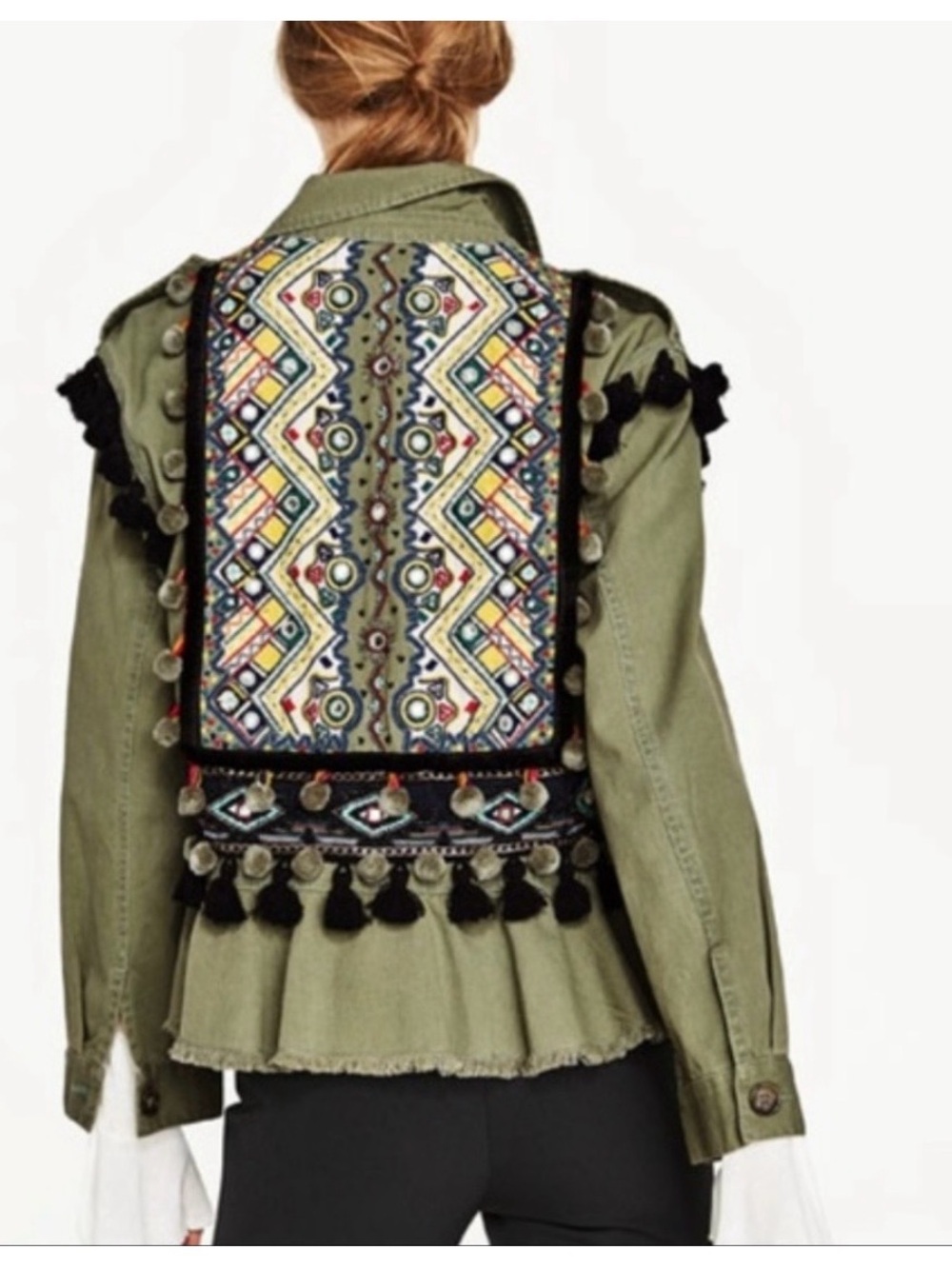 Zara Size XS Embroidered Olive Green Boho Jacket with Tassel Panels